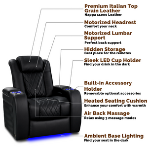 Valencia Tuscany Heat and Massage premium Italian Nappa leather power recliner home theater chair
